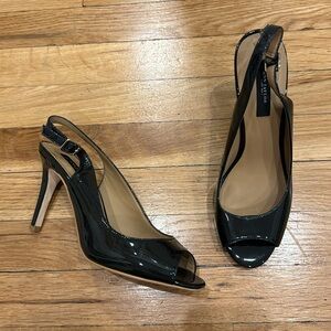 Ann Taylor | Dark Navy Patent Leather Sling Back Peep Toe | Size 8.5